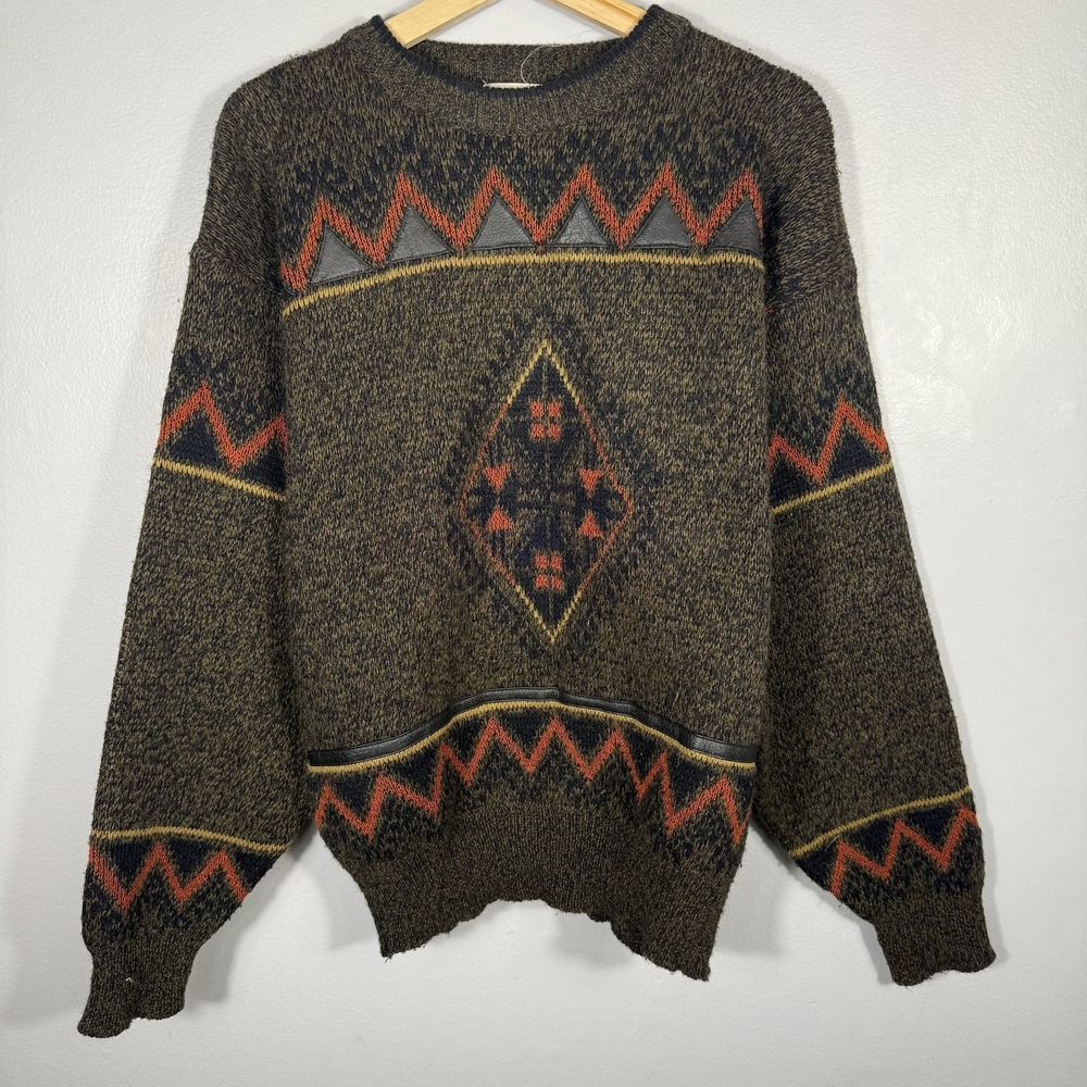 Vintage Chia Sweater Mens Medium Brown Aztec Geometric Leather Trim Pullover 80s